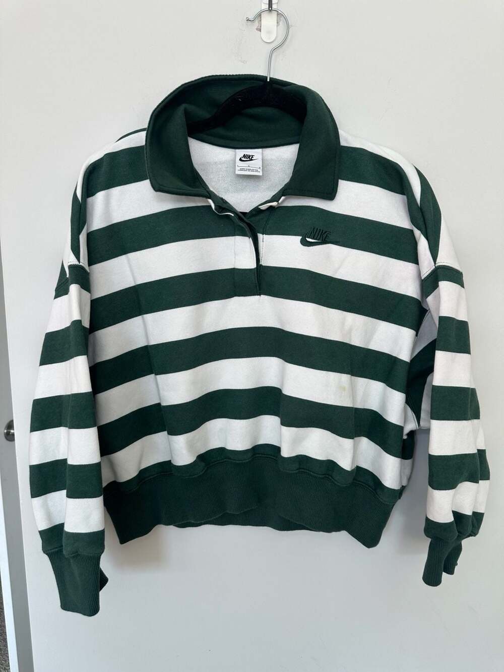 Nike Striped Polo Sweatshirt Size L Forest Green White Quarter Zip Pullover